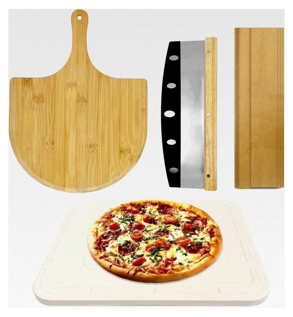 Pizzastein-Set, rechteckig, 38 x 30 cm, mit Pizzaschieber und Kochpapier, 1,5 cm dick, für Backofen, Grill und BBQ, 4 Teile
