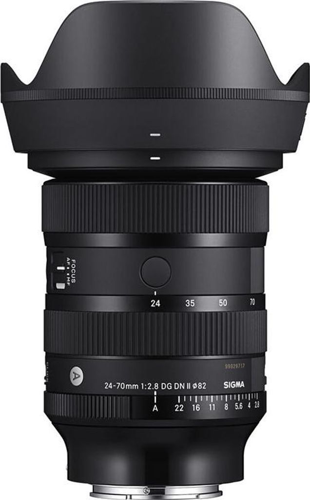 A close-up studio shot of a black camera lens with its lens hood attached.