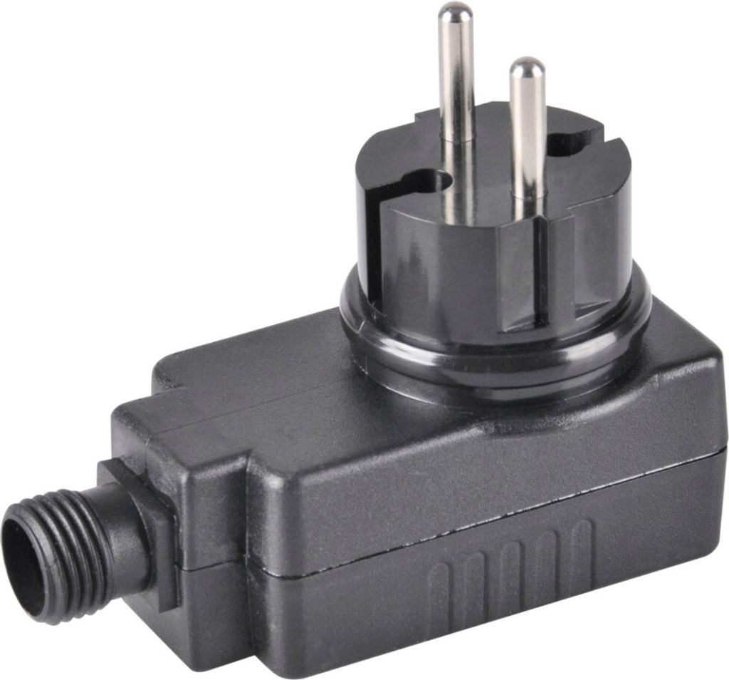 A black electrical adapter with two prongs is shown against a white background.
