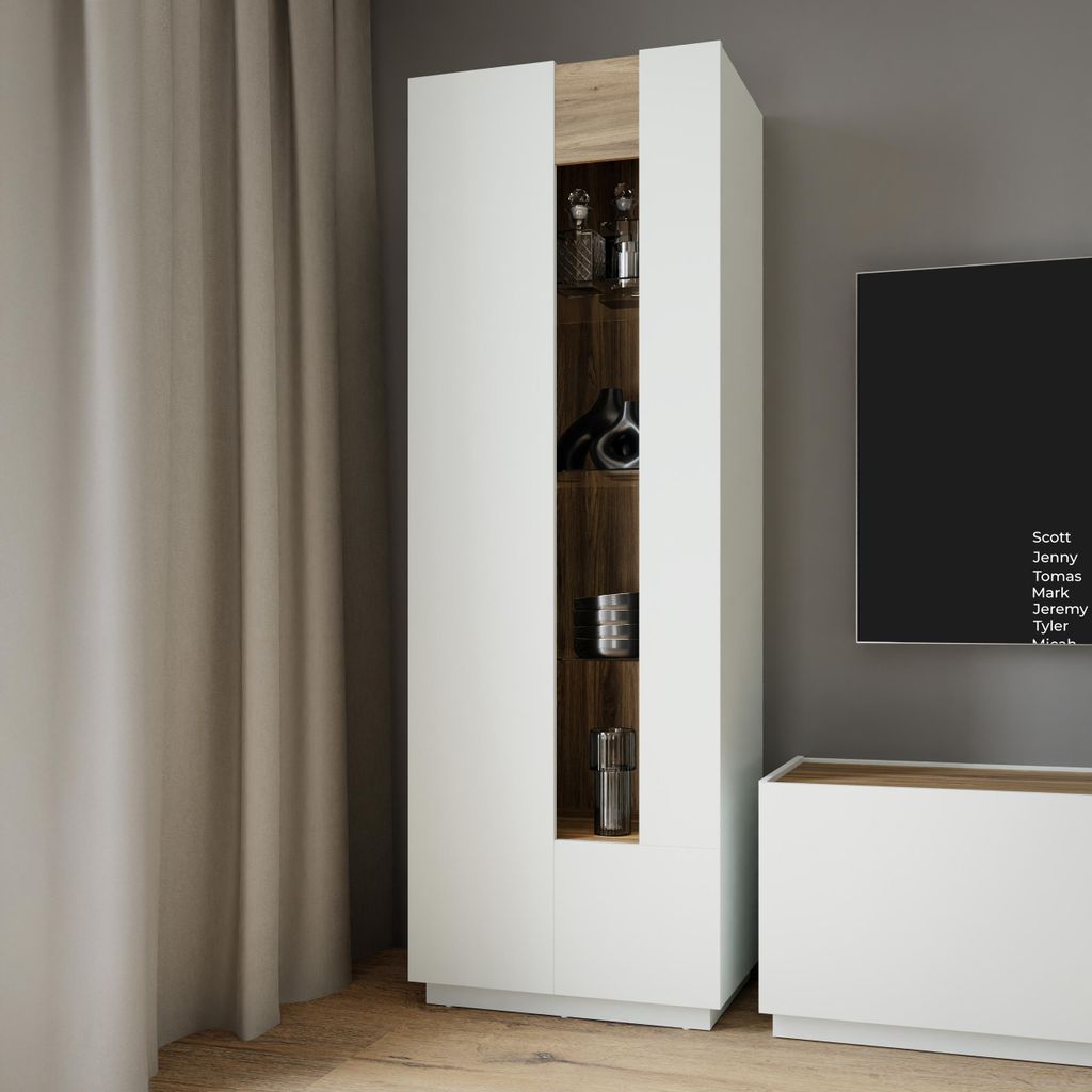 Forte LEWISVILLE Vitrine 60, minimalistische Standvitrine, 1-türig, Wohnzimmer, Glastür, Holzwerkstoff, Secret Grey | Valenica Eiche Holzdekor, 6...