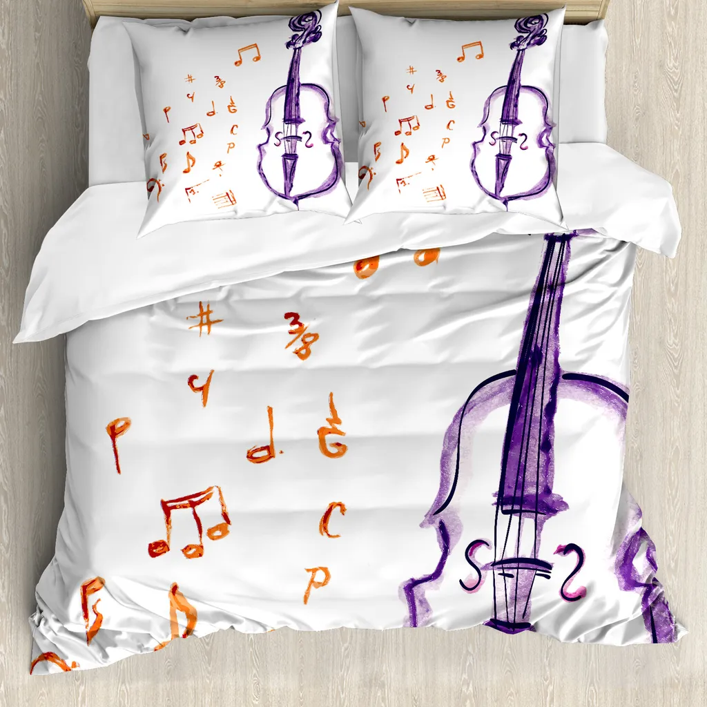 ABAKUHAUS Copripiumino musicale, tema Musical Note Black, antiacaro e anallergico, con federe, 200 cm x 200 cm - 80 x 80 cm, viola e rosso