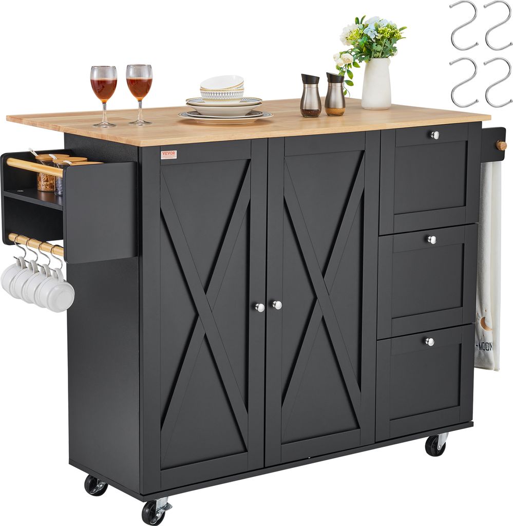 VEVOR Kücheninselwagen, 143 cm mobiler Wagen mit Holzplatte und Lagerschrank, Rolltisch mit Klappplatte, Gewürzregal, Handtuchhalter, verstellbar...