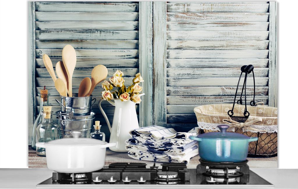 KitchenYeah Spritzschutz Küche - Küchenrückwand - Wandschutz für Herd und Spüle - Stilleben - Küchenutensilien - Rustikal 120x80 - Alu-Dibo...