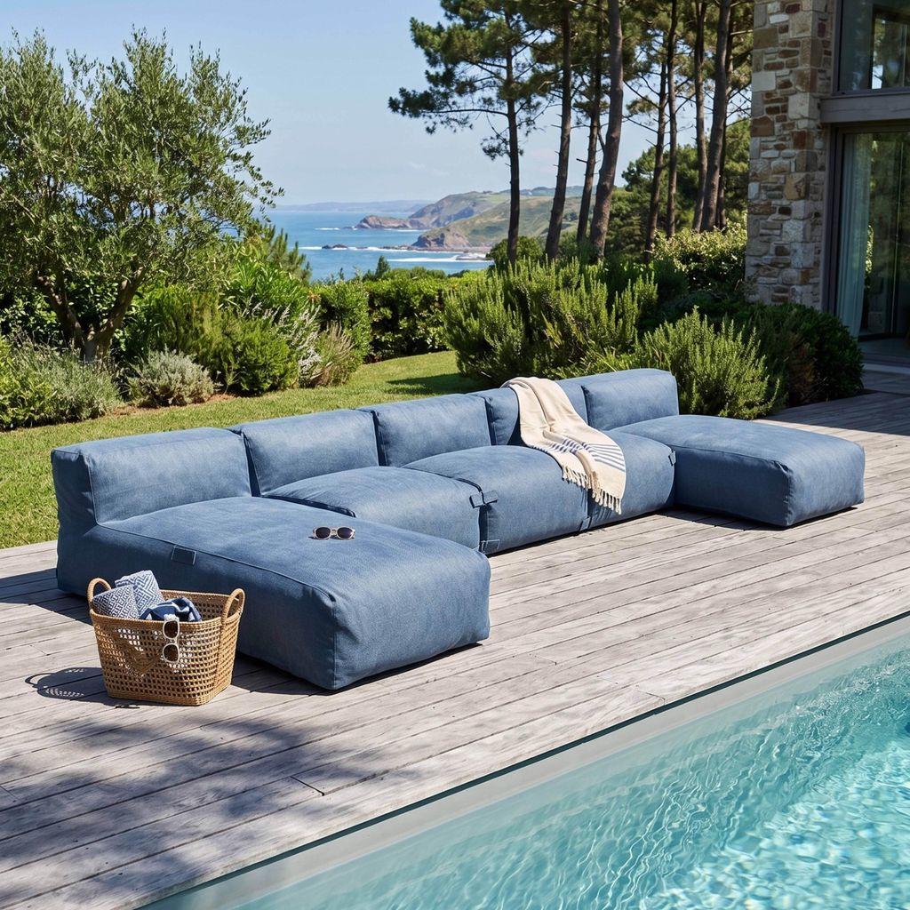 Modulare 5-Sitzer-Gartenmöbel mit pazifikblauer Chaiselongue - Oviala Mixi