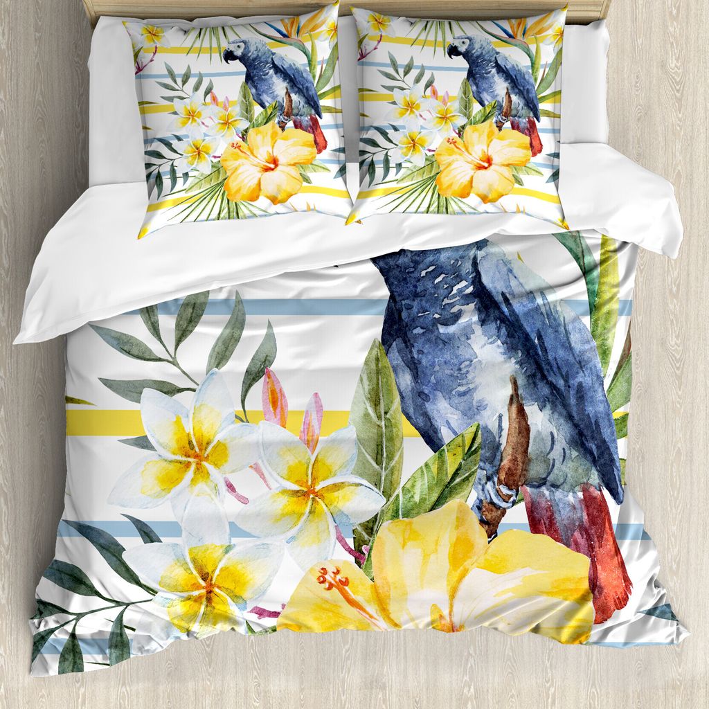 ABAKUHAUS Bunt Bettbezugs Set Für Doppelbetten, Tropische exotische Papageien, Milbensicher Allergiker geeignet mit Kissenbezügen, Mehrfarbig