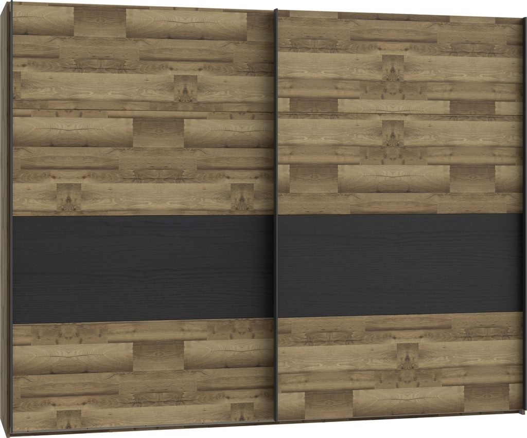 Schwebetürenschrank >JAKOBINA< 2 Türen, Stabeiche Nachbildung / Schwarz Eiche - 269,9x210,5x61,2cm (B/H/T)