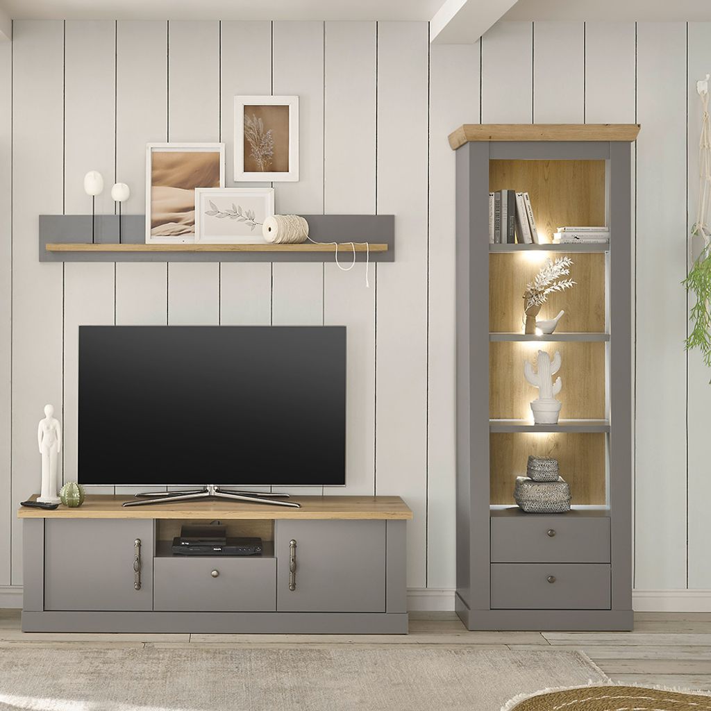 Wohnzimmer Möbel Set mit LED Beleuchtung in grau mit Artisan Eiche Nb. CHATHAM-61, B/H/T ca. 241/201/44 cm