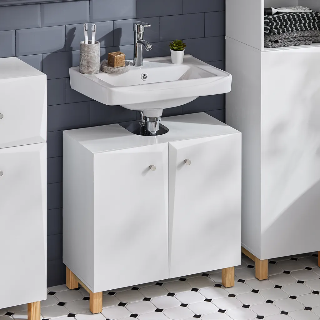 Cacher tuyaux salle de bain : Meuble sous-lavabo 60cm SoBuy BZR92-W