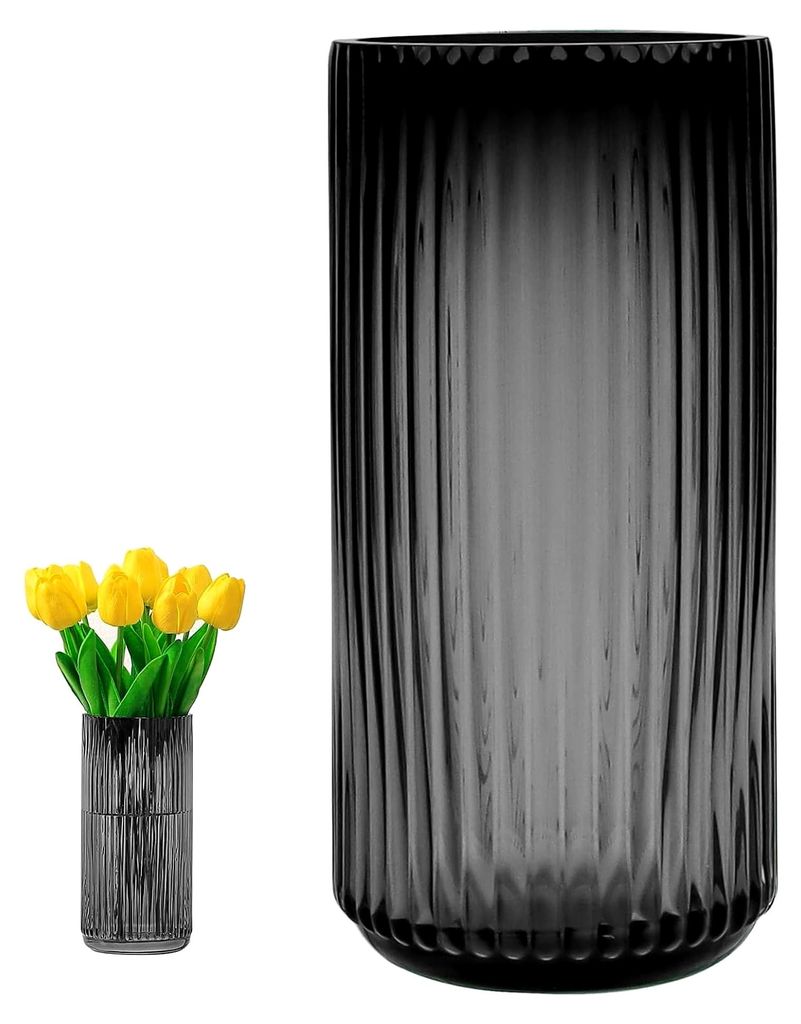 Glasvase, 20 cm, gerippte Glasvase für Orchideen, Rosen, Tulpen, Wohnzimmer, Esszimmer, Couchtisch, Küche, Büro (Grau)