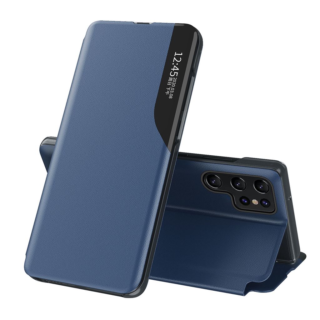 A blue flip case for a Samsung S24 Ultra phone is shown from a diagonal angle, with the phone's camera array visible on the back.