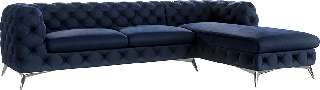 S-STYLE MÖBEL - Chesterfield Ecksofa Cleo mit Ottomane rechts und Silber Metall Füßen, aus Marineblau Samtstoff, B/T/H: 305 cm/ 200 cm/ 75 cm