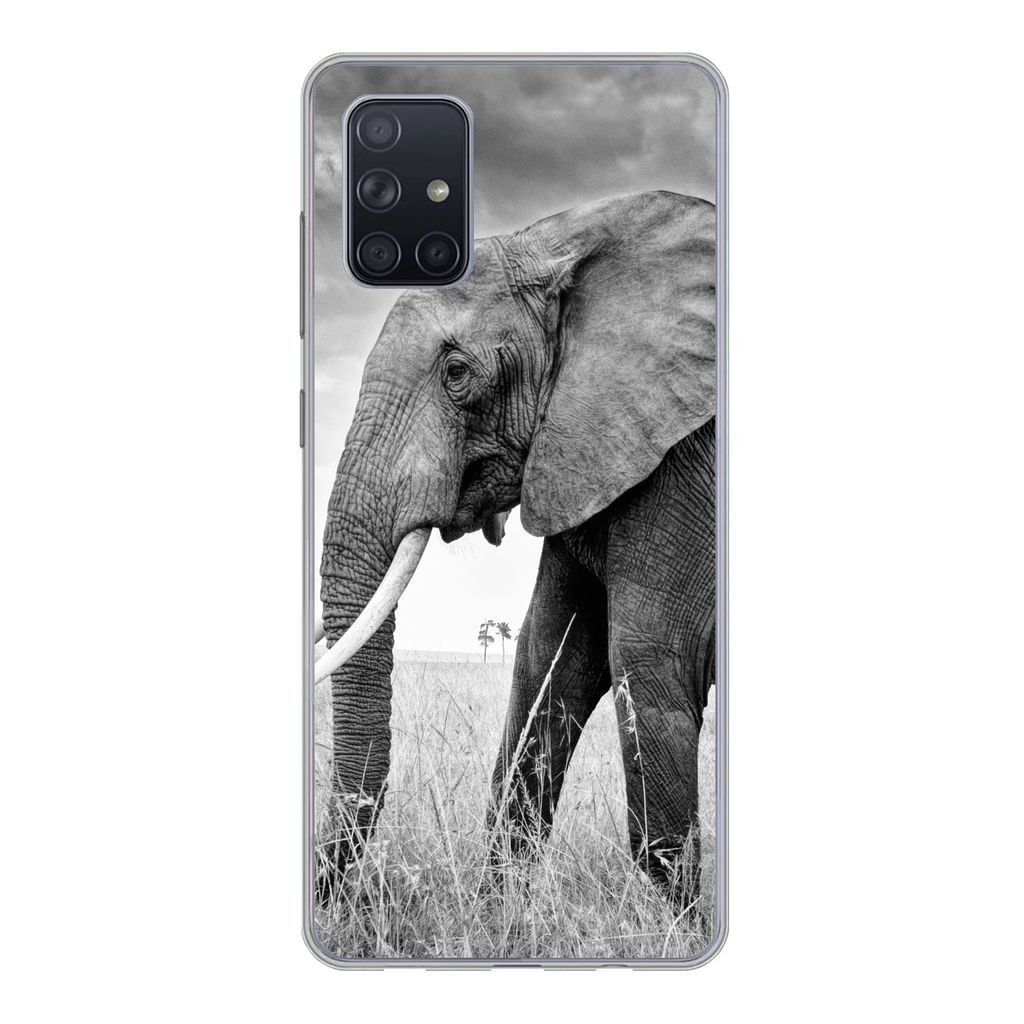 MuchoWow Handyhülle Schutzhülle Hülle für Samsung Galaxy A51 5G Elefant - Gras - Tiere - Schwarz und weiß Silikon Softcase Handy Hülle - Ab...