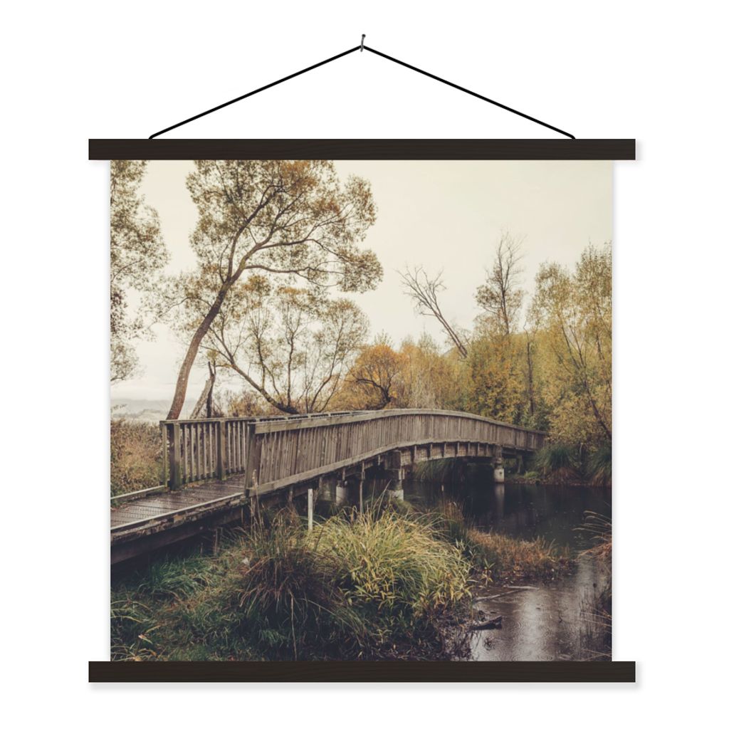 MuchoWow Textilposter Herbst - Brücke - Bäume 120x120 cm mit schwarzem Rahmen - Aufhängungsset