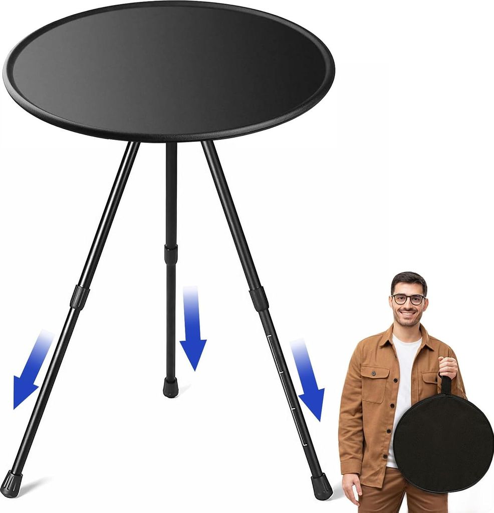 Ultraleichte kompakte Campingtafel mit Tragetasche - für Picknick, Strand, Angeln, Wandern - klein, rund, aus Aluminium
