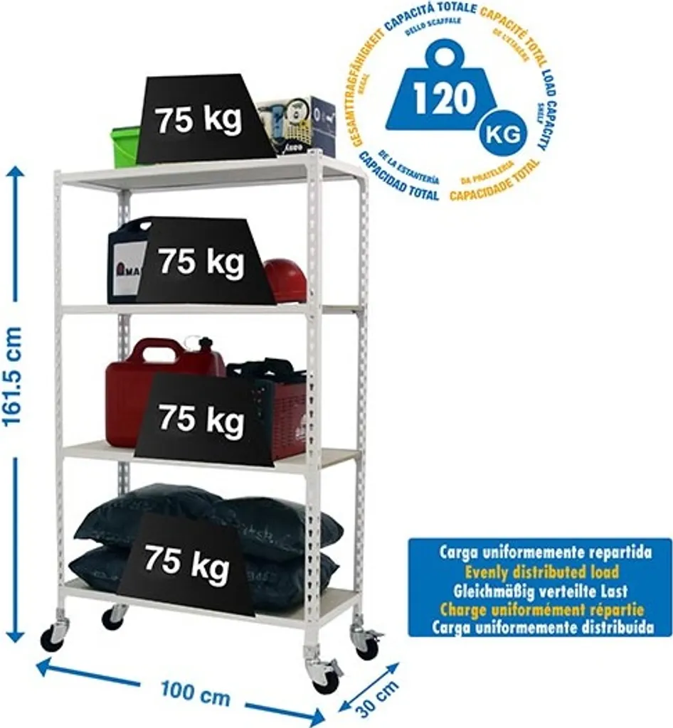Rayonnage Métallique Mobile 4 Niveaux 1500mm Maderclick pour le Stockage