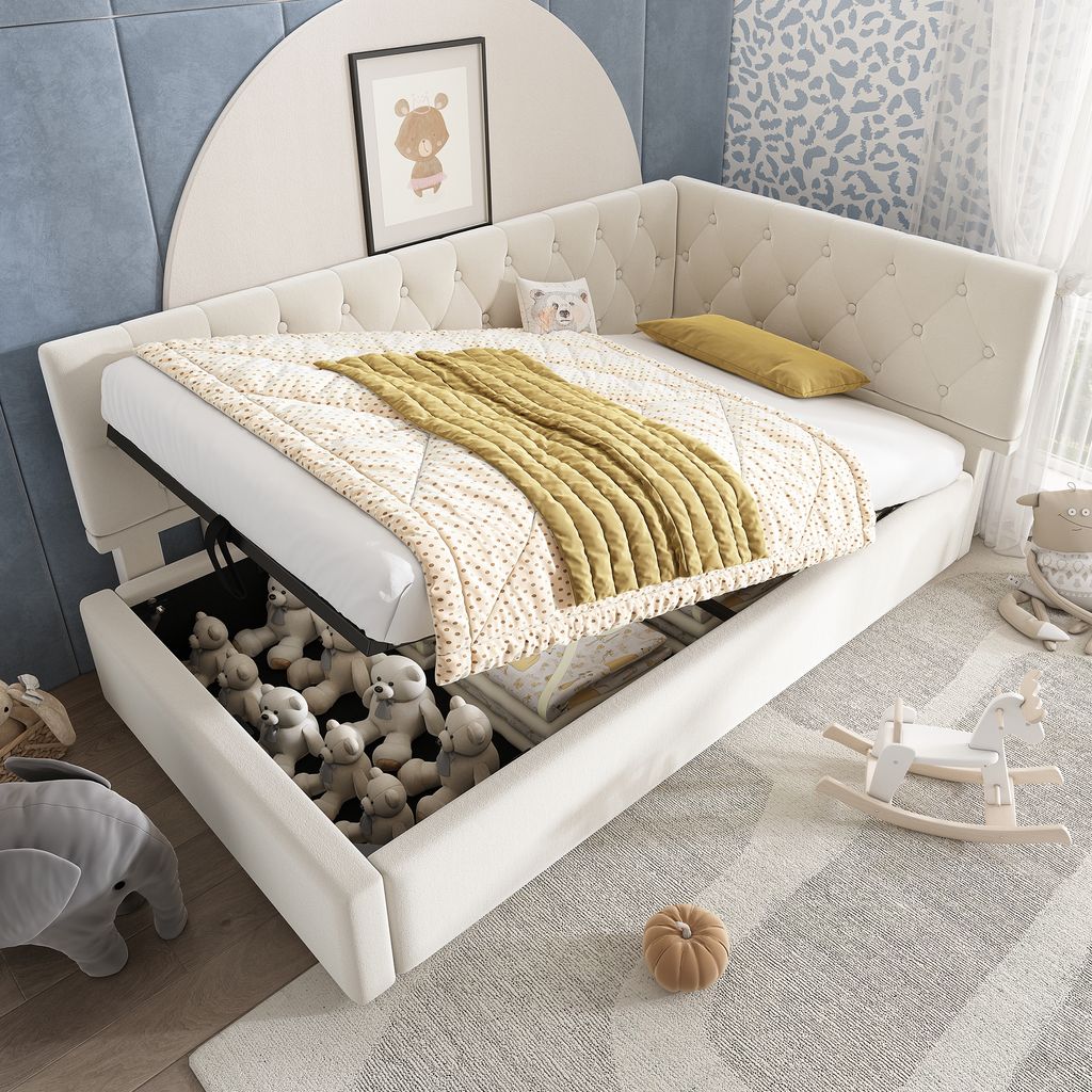 Flieks Polsterbett 90x200cm mit Stauraum, Tagesbett Schlafsofa mit Verstellbarem Kopfteil, Daybett Kinderbett Jugendbett mit Lattenrost, Samt, Beige