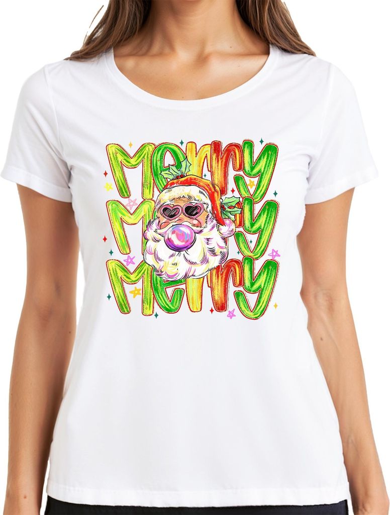 Merry Merry Weihnachtsmann Bubblegum Herzbrille bunt Retro Damen T-Shirt, Weiß, XL