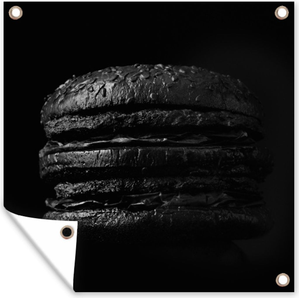 MuchoWow 100x100 cm Outdoor-Poster Gartendeko Sichtschutz Garten Poster für den Garten Hamburger auf schwarzem Hintergrund in schwarz und weiß