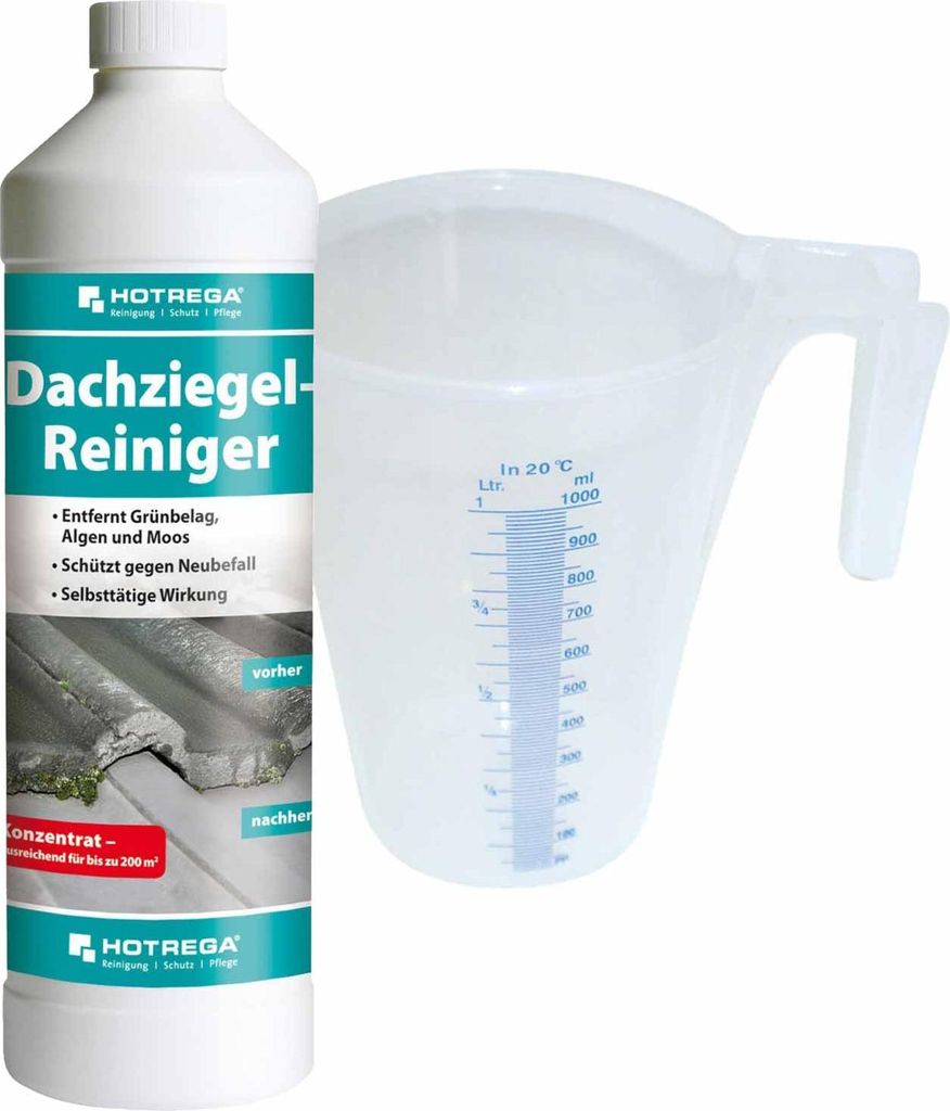 HOTREGA Dachziegel Reiniger Konzentrat 1 Liter | Langzeitschutz gegen Grünbelag, Algen | selbsttätig, materialschonend | inkl. Messbecher