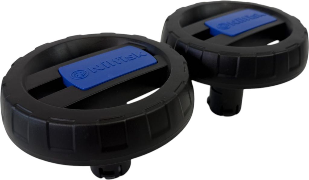 Two black wheels with blue inserts, likely for a vacuum cleaner, are shown against a white background.