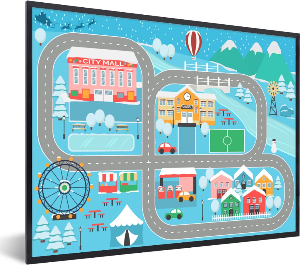 MuchoWow Gerahmtes Poster Schnee - Schule - Dorf - Blau 80x60 cm - Poster mit Schwarzem Bilderrahmen Wandposter Rahmen Foto Bilder - Schwarzem - ...