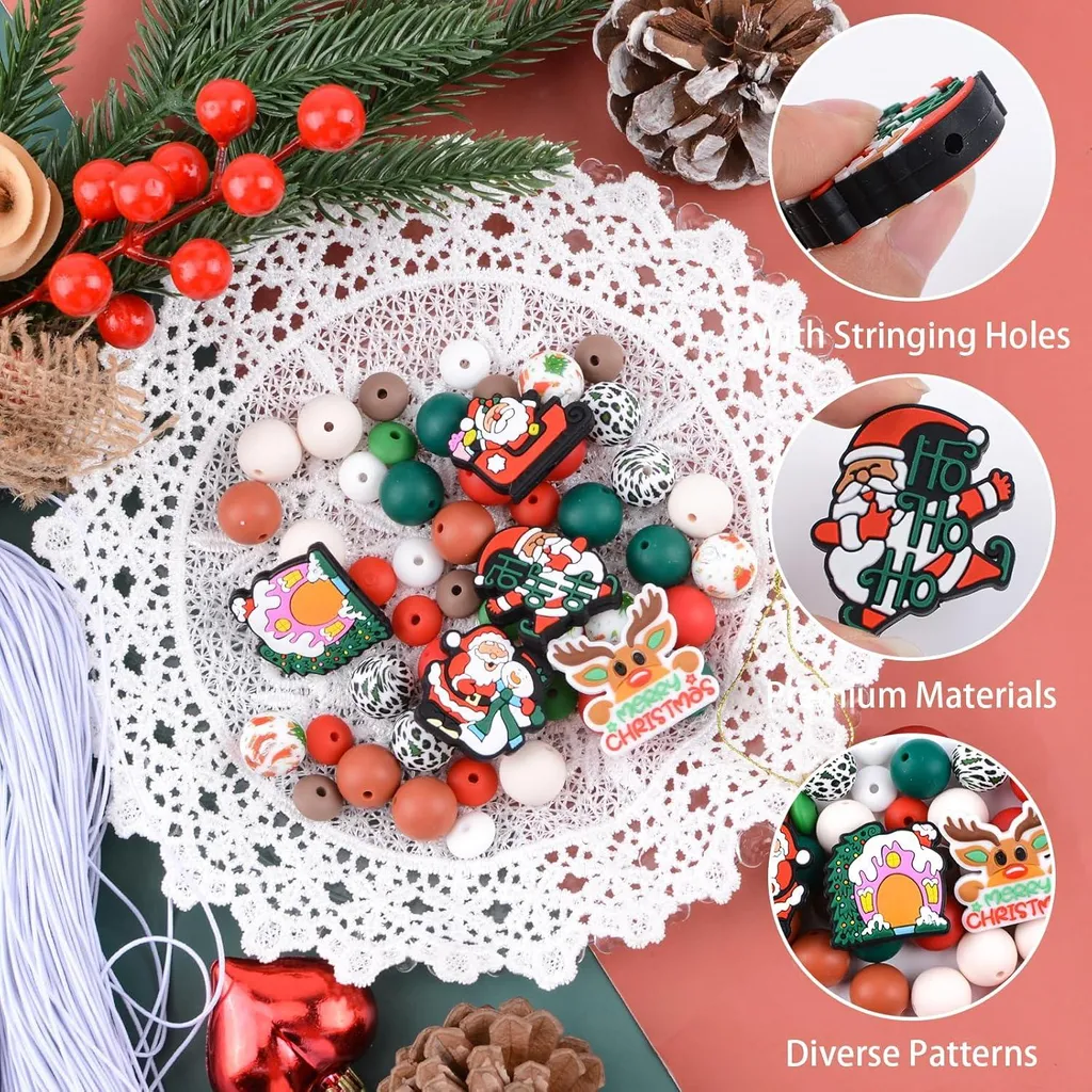 76 Perles Noël en Silicone pour Stylos et Bijoux DIY - Kit Créatif Rouge