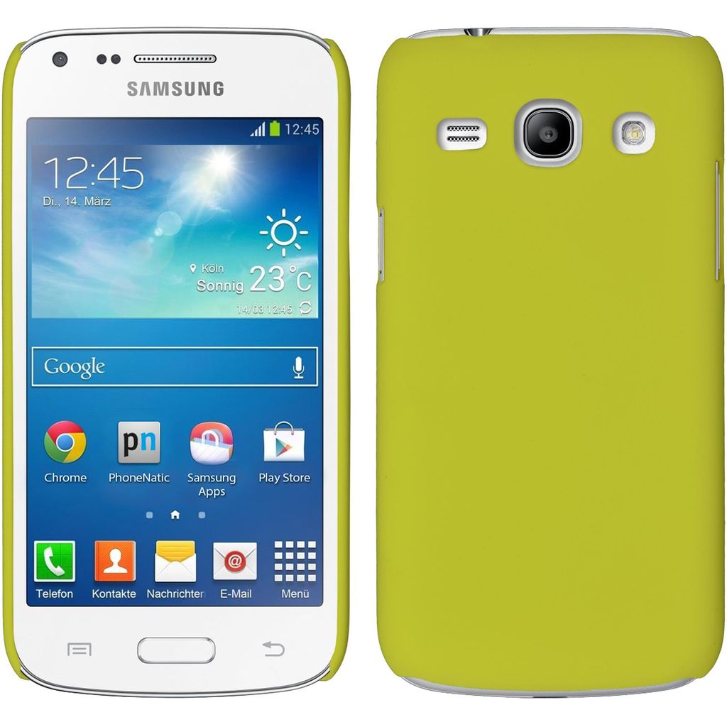 PhoneNatic Case kompatibel mit Samsung Galaxy Core Plus - Hülle gelb gummiert Hard-case + 2 Schutzfolien