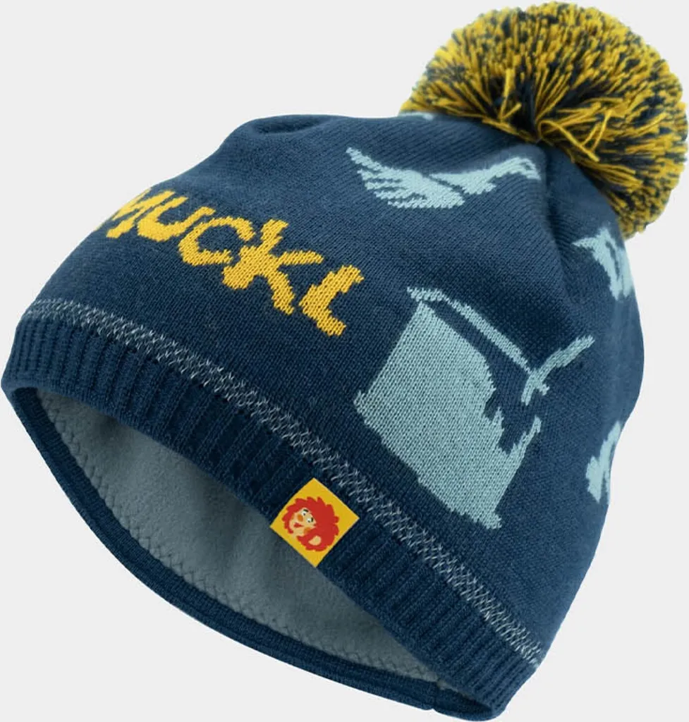 Bonnet hiver enfant en maille bleue avec pompon et motif Pumuckl