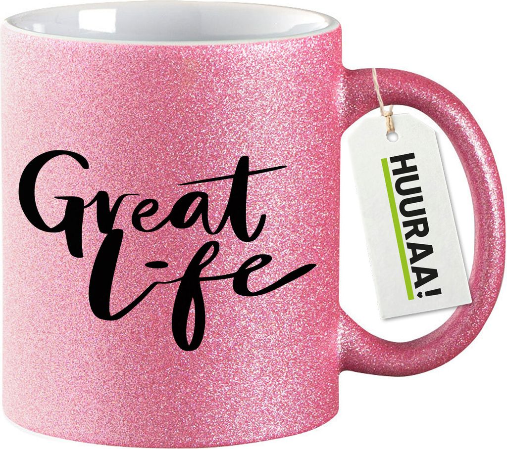 Huuraa Glitzertasse Great Life Schriftzug 330ml Pink Keramik Kaffeebecher Geschenkidee