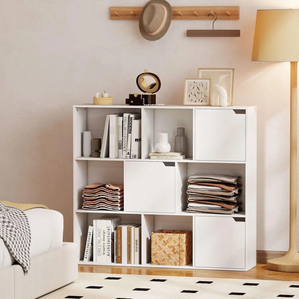Bibliothèque à 9 compartiments et 3 portes blanche - Modèle Aura 120cm - 9