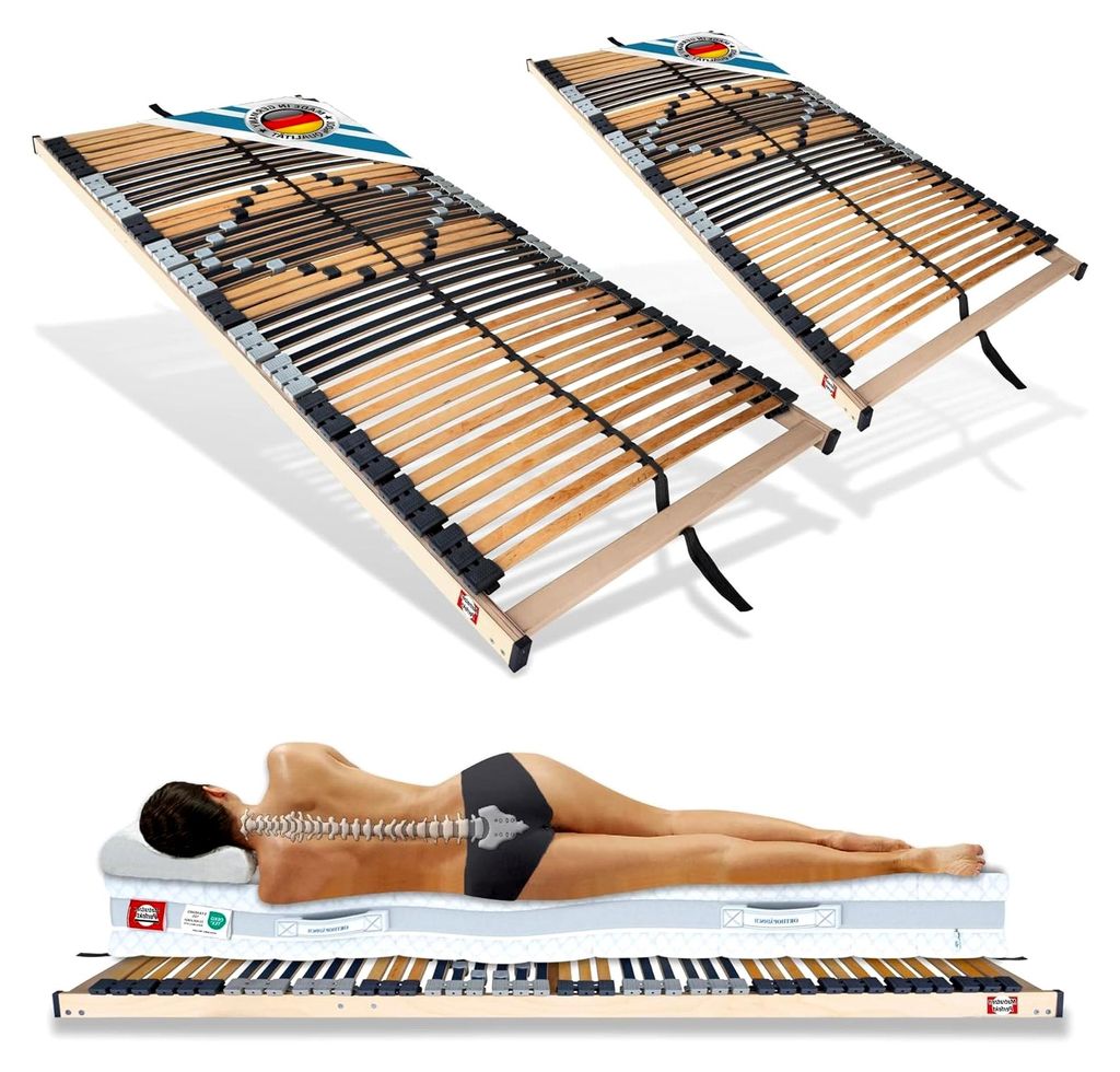 7-Zonen Lattenrost 2er Set 90x200 cm Fertig montiert orthopädisch Kopf- und Fußteil starr mit Härte-Regulierung Kautschukaufhängungen und 42 Le...