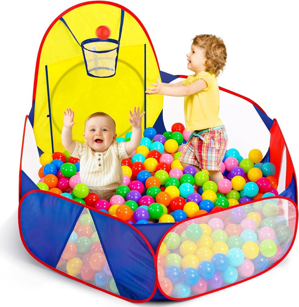 B?llebad fš¹r Kinder (120 cm), Pop-up-Spielzelt, Krabbelgehege, Basketballkorb, Aufbewahrungsm?glichkeit mit Rei?verschluss, blau.