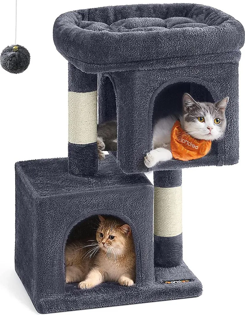 Petit arbre à chat de 67 cm gris fumé avec niche et plateforme stable