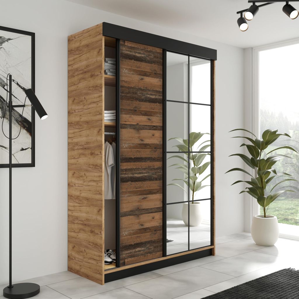 KIER FURNITURE Schiebegarderobe LAMARO mit Spiegel, Schrank Schlafzimmer 167x205x59cm