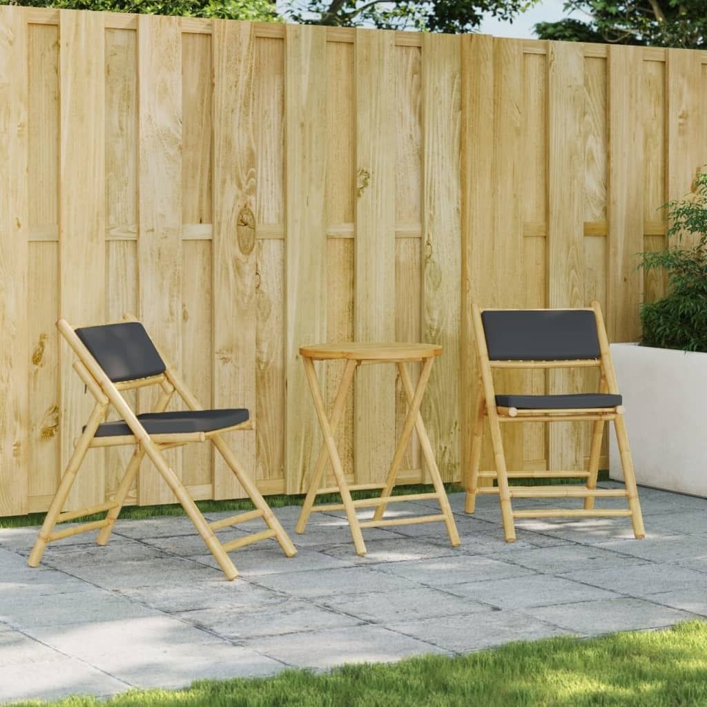 Design 3-tlg. Bistro-Set Klappbar mit Dunkelgrauen Kissen Bambus, Gartenmöbel-Sets 2024 Neu