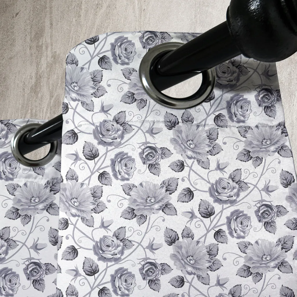 Rideau à fleurs gris avec imprimé graphique monochrome à œillets - 2