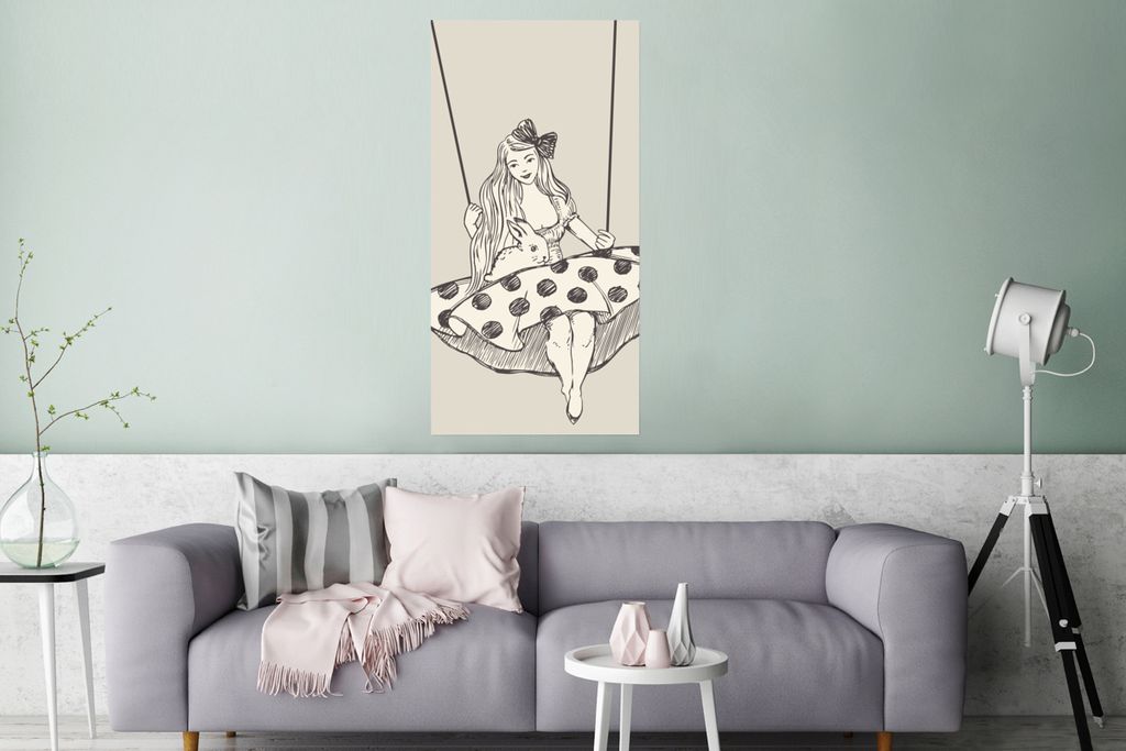 Poster - Mädchen in gepunktetem Kleid mit Kaninchen - 60x120 cm