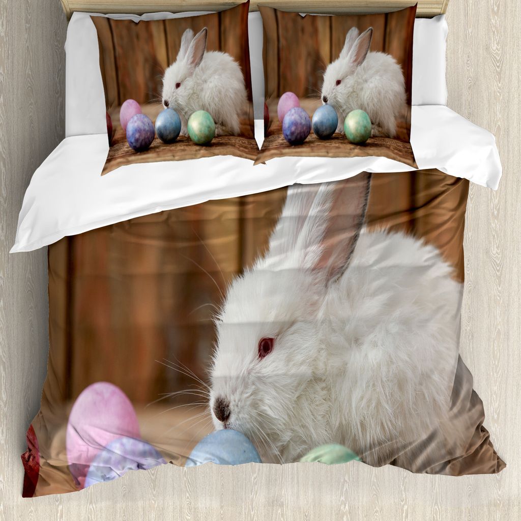 ABAKUHAUS Osterhase Bettbezug Set für Einzelbetten, Rustic Egg Coloring, Milbensicher Allergiker geeignet mit Kissenbezug, 200 cm x 200 cm - 80 x ...
