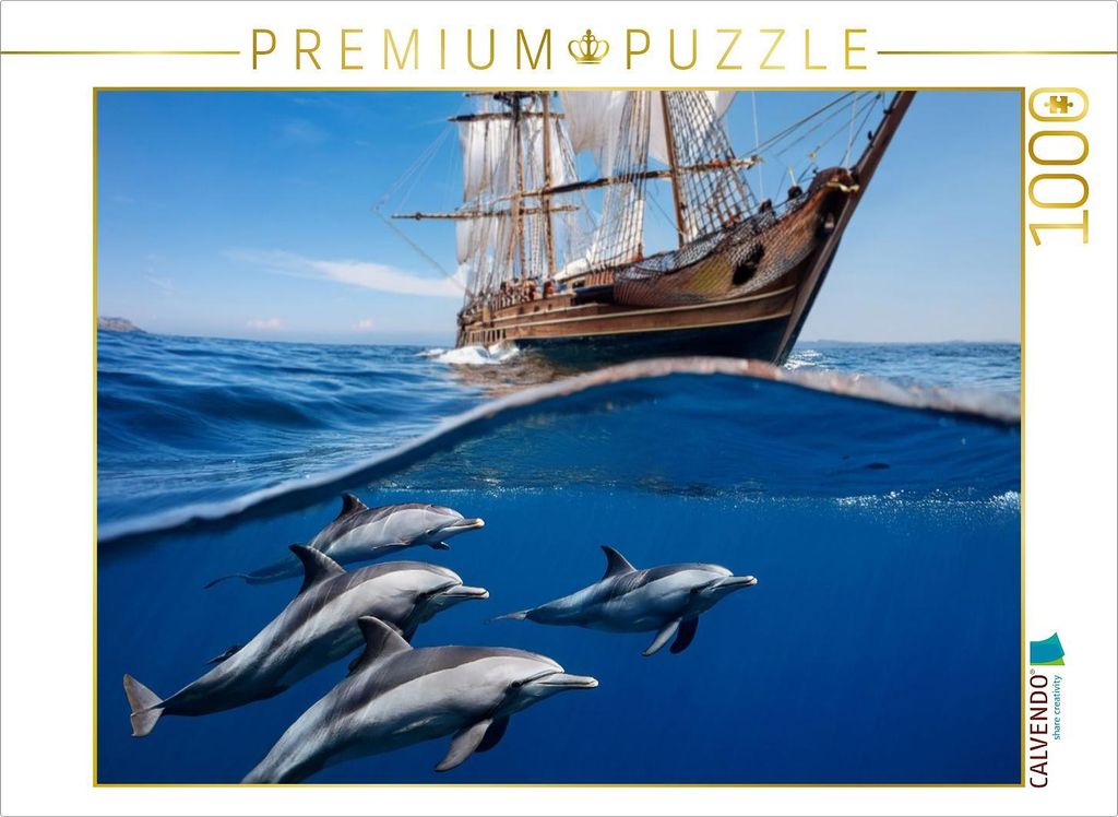 CALVENDO Puzzle Delfine begleiten ein historisches Schiff | 1000 Teile Lege-Größe 64x48cm Foto-Puzzle für glückliche Stunden