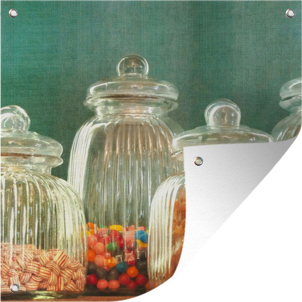 MuchoWow 50x50 cm Outdoor-Poster Gartendeko Sichtschutz Garten Poster für den Garten Antike Glasgefäße mit Süßigkeiten gefüllt