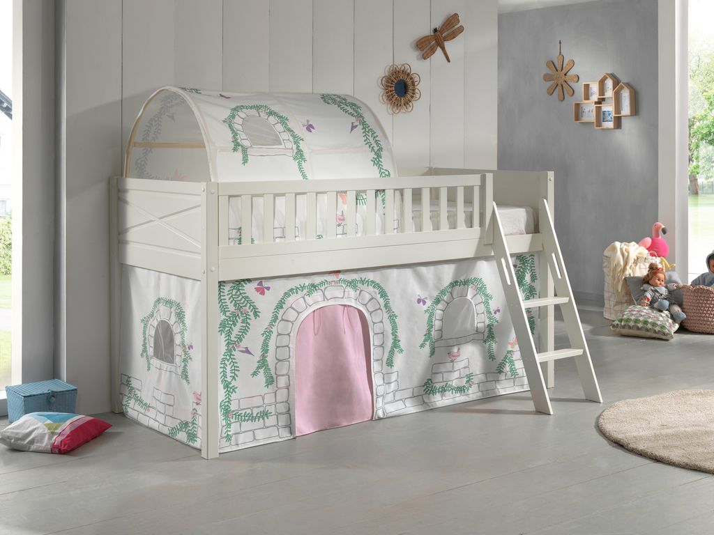 VIPACK - Spielbett SCOTT, LF 90 x 200 cm, mit Rolllattenrost, Leiter und Textilset Vorhang und Tunnel "Birdy"