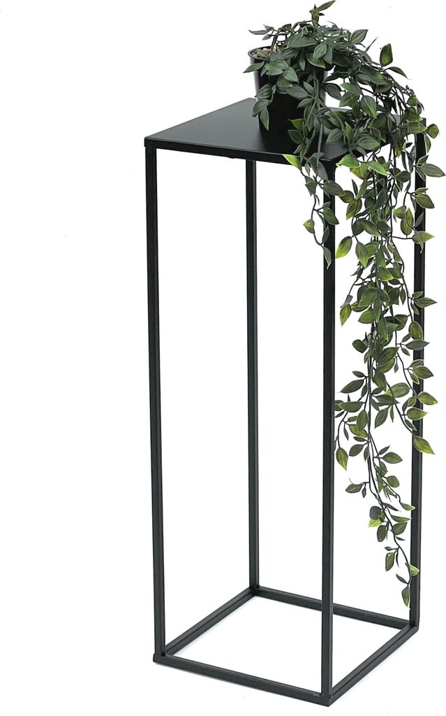 A black metal plant stand with a potted plant on top.