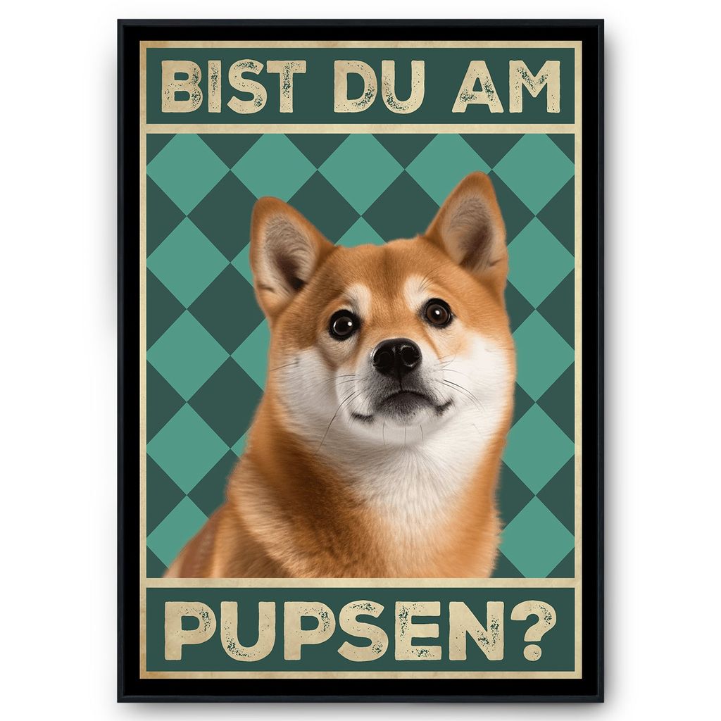 Shiba Inu - Bist du am Pupsen? Hunde Poster Badezimmer Gästebad Wandbild Klo Toilette Dekoration Lustiges Gäste-WC Bild DIN A4 – DIN A4 mit Rah...