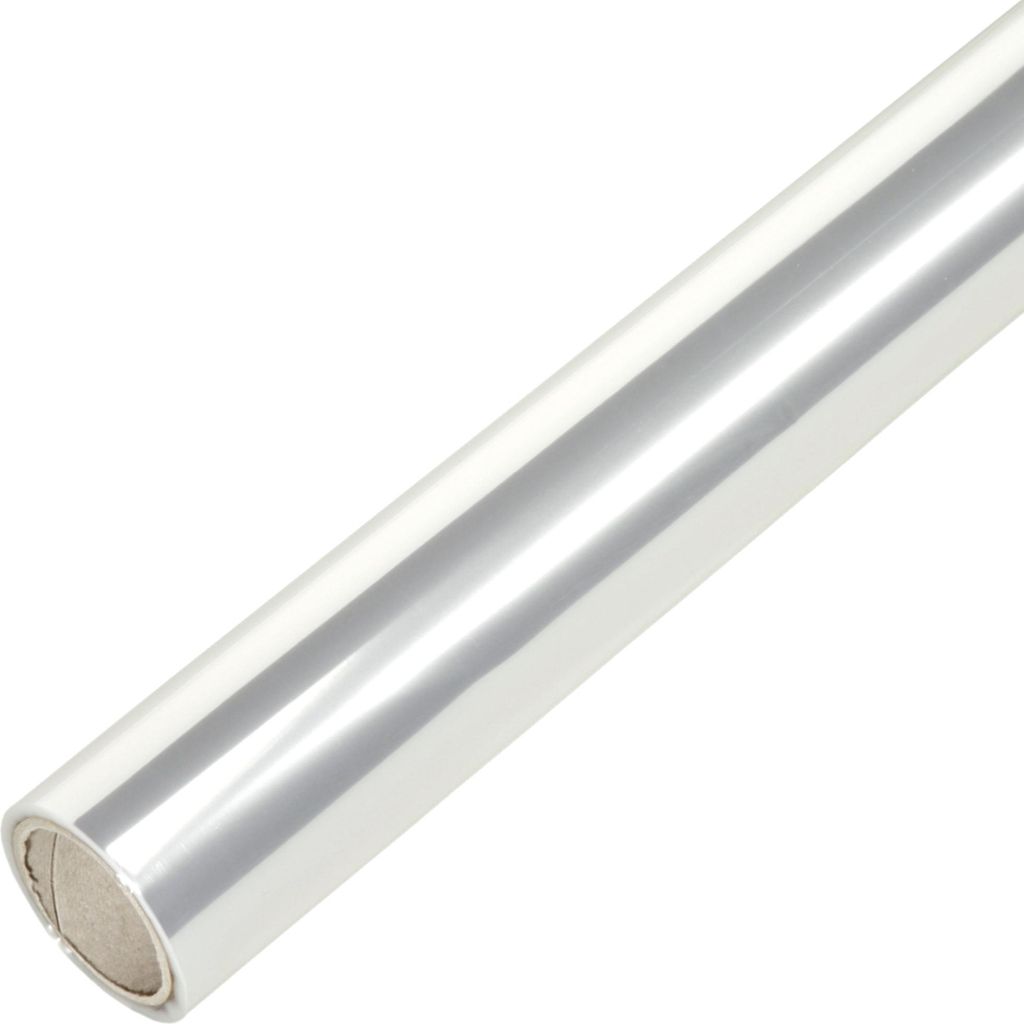 A roll of transparent gift wrap with a reflective, silvery surface, shown diagonally against a white background.