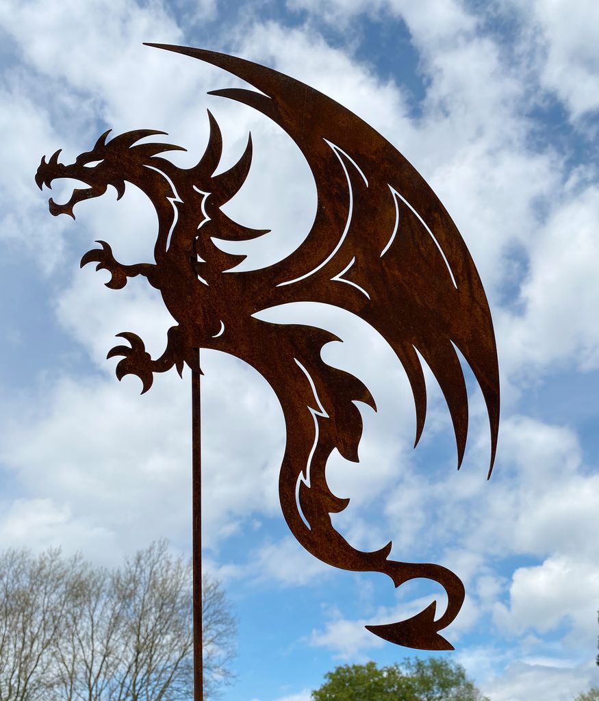 Gartenfigur Drache fliegend 63x45cm + Stab Edelrost Gartenstecker Wetterfest Rost Metall Rostfigur Drachen Figur Dragon