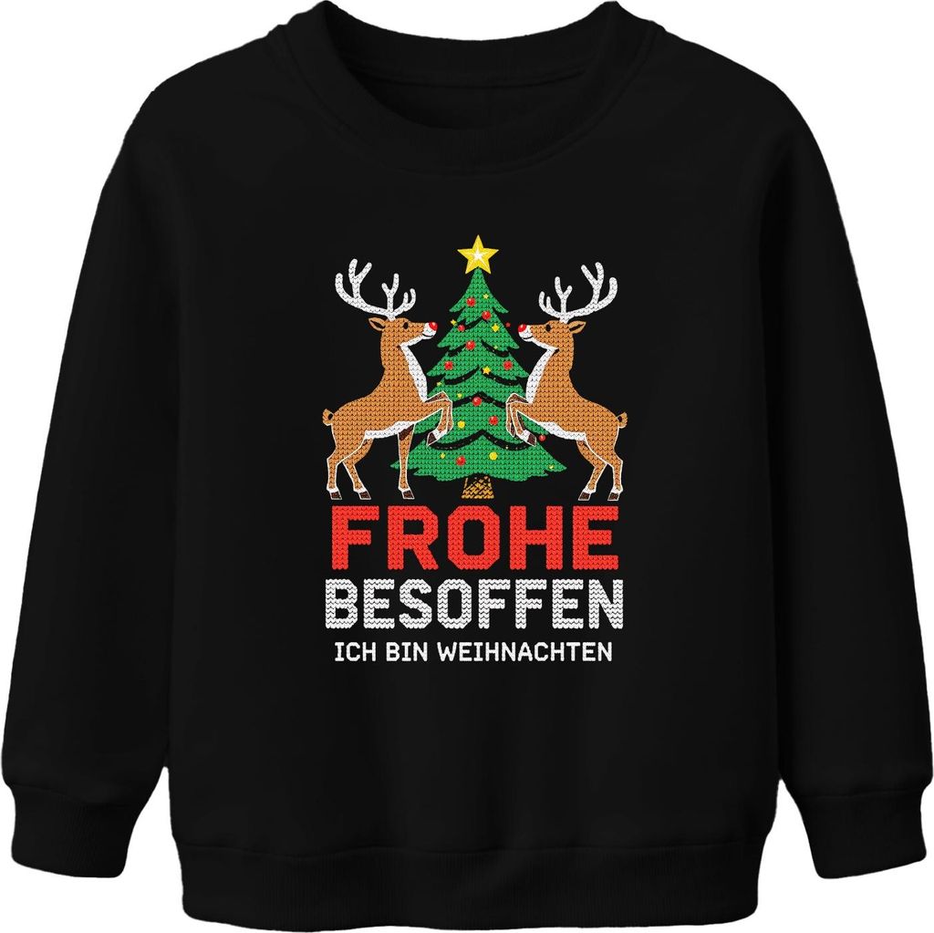 Frohe Besoffen Ich bin Weihnachten Lustig Rentier Strickoptik Uni Kinder Sweatshirt Pullover, Schwarz, 152