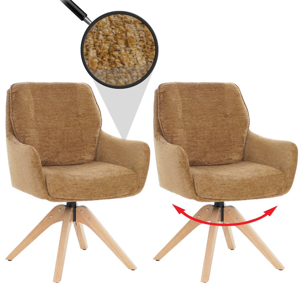 2er-Set Esszimmerstuhl HWC-Q37, Küchenstuhl drehbar Auto-Return, Stoff (680g/m²) Chenille Holz MVG senfgelb