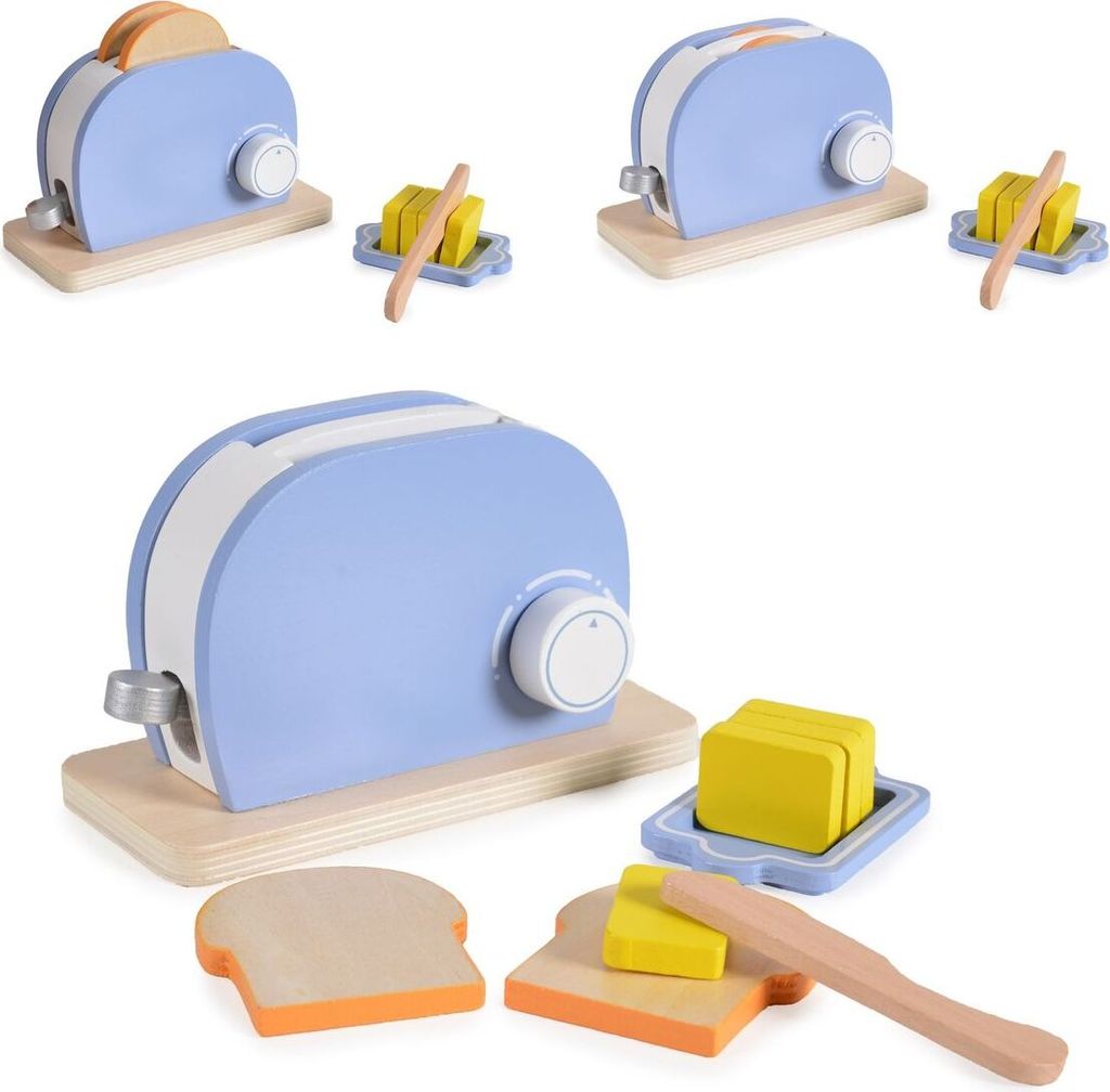 Moni Spielzeug Toaster 4341 Set Holz, Drehknopf, Butter, Messer, Toastscheiben hellblau