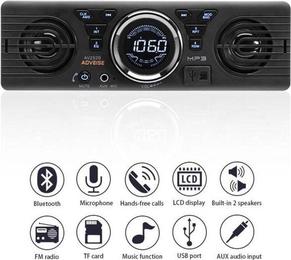 Bluetooth-Autoradio mit MP3-Player, integrierten Lautsprechern, unterstützt USB, TF, AUX und FM-Radio, 12-V-Gleichstromempfänger
