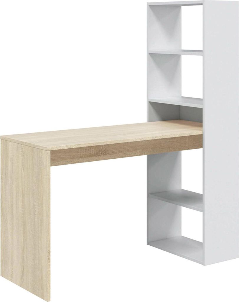 Schreibtisch Dcart, Wendeschreibtisch mit Bücherregal mit 5 Böden, Studier- oder Bürotisch für PC-Buchhalter, 120x53h144 cm, Weiß und Eiche